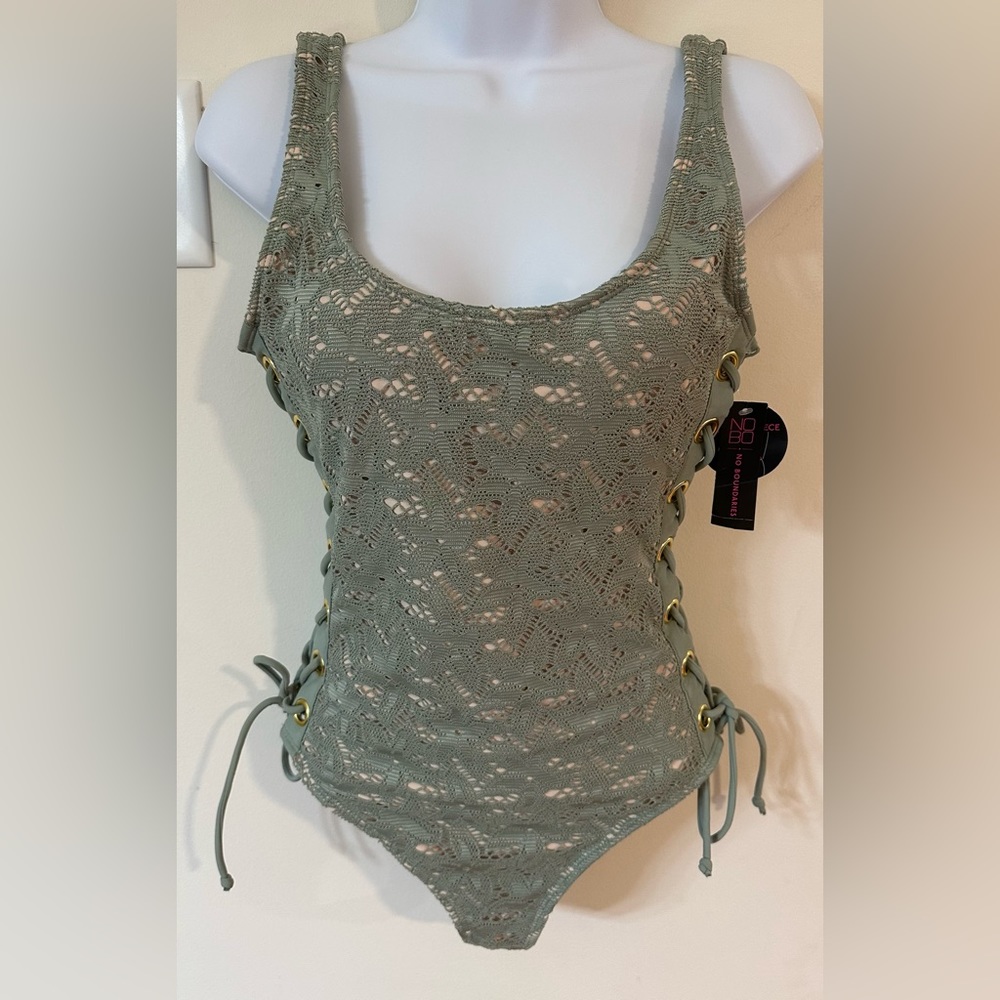 No Boundaries Juniors Sage Lace Up Swimsuit NWT Size Medium